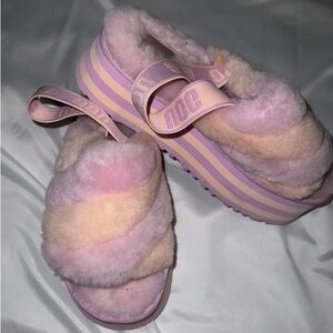 UGG Women's Pink and Cream Fluffy Slippers